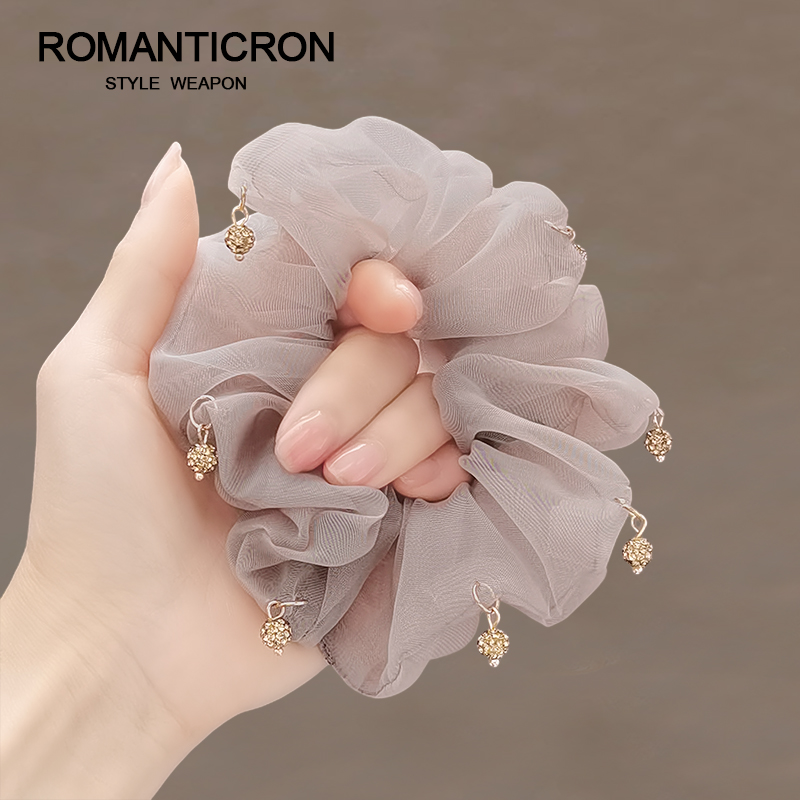 网纱发圈简约气质欧根纱大肠圈y2023新款水钻吊坠丸子头专用头花