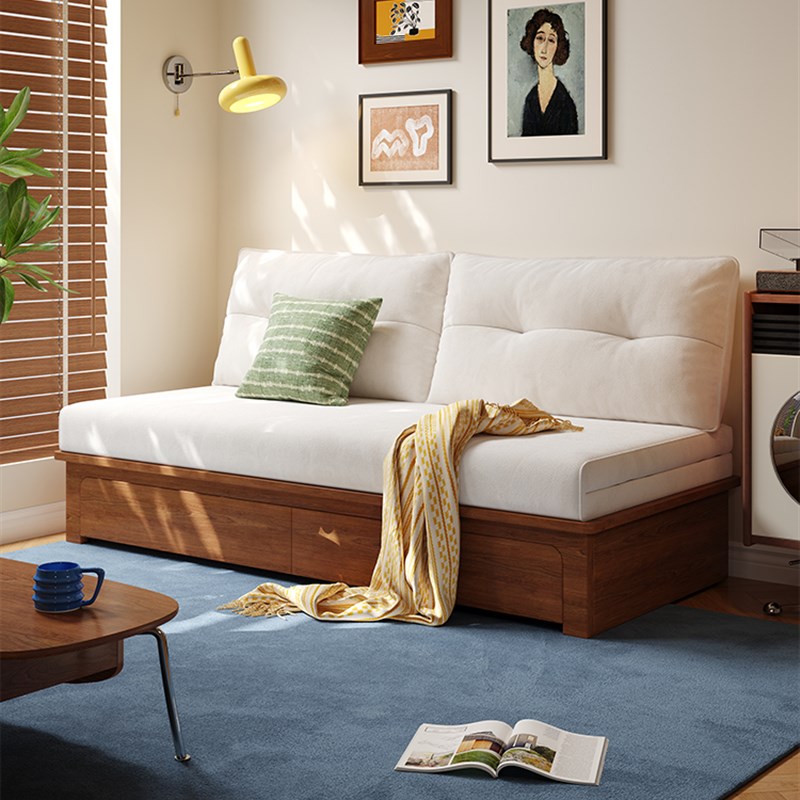 木宫匠家b具伴梦沙发床小户型书房客厅两用可折叠实木带储物抽拉