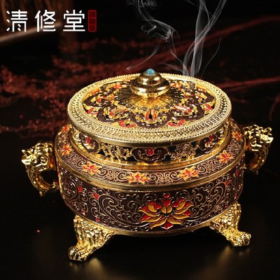 藏香炉浮雕珐琅彩l绘家居客厅盘香炉铜合金仿古熏香炉香薰炉檀香