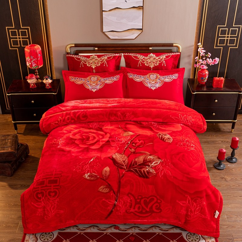 婚庆拉舍尔毛毯双层加厚云毯冬季大红色盖毯结婚毯子床上用品被子