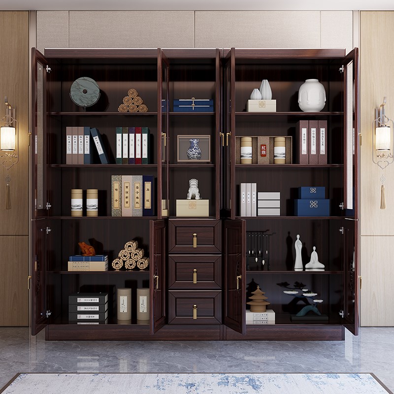 乌金木新中式实木书柜带玻璃门书架一体组合展示柜家用落地储物柜