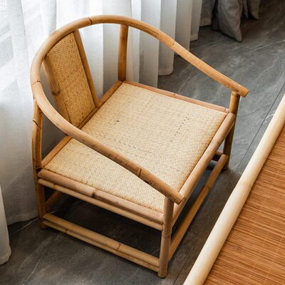 新中式阳台泡茶主人椅老式喝茶真藤竹藤靠背椅子复古单人竹椅久坐