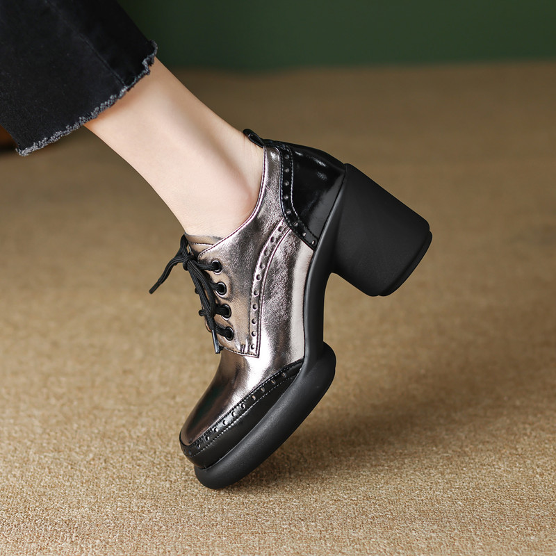 2023春新款粗跟银色英伦风小皮鞋G女高跟圆头系带拼色复古单鞋