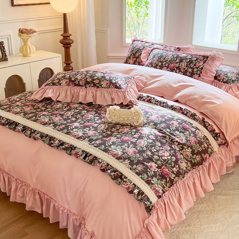法式复古玫瑰全棉床裙款四件套轻奢高级感公主风荷叶花边被套