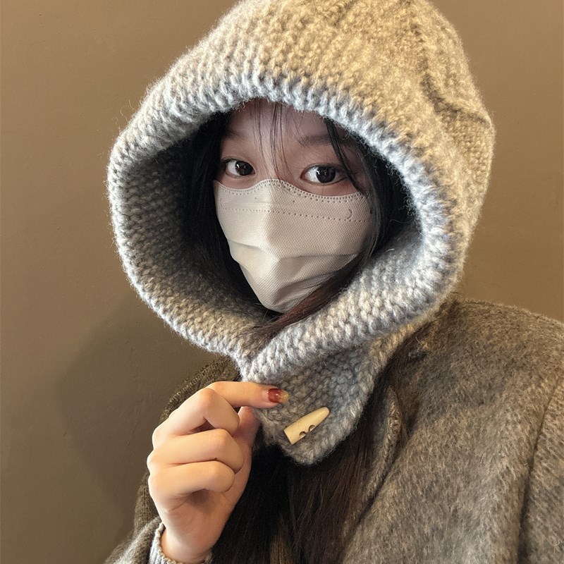 针织毛线帽子女巴拉克法帽韩系手工粗棒纽扣M冬季保暖护耳套头帽