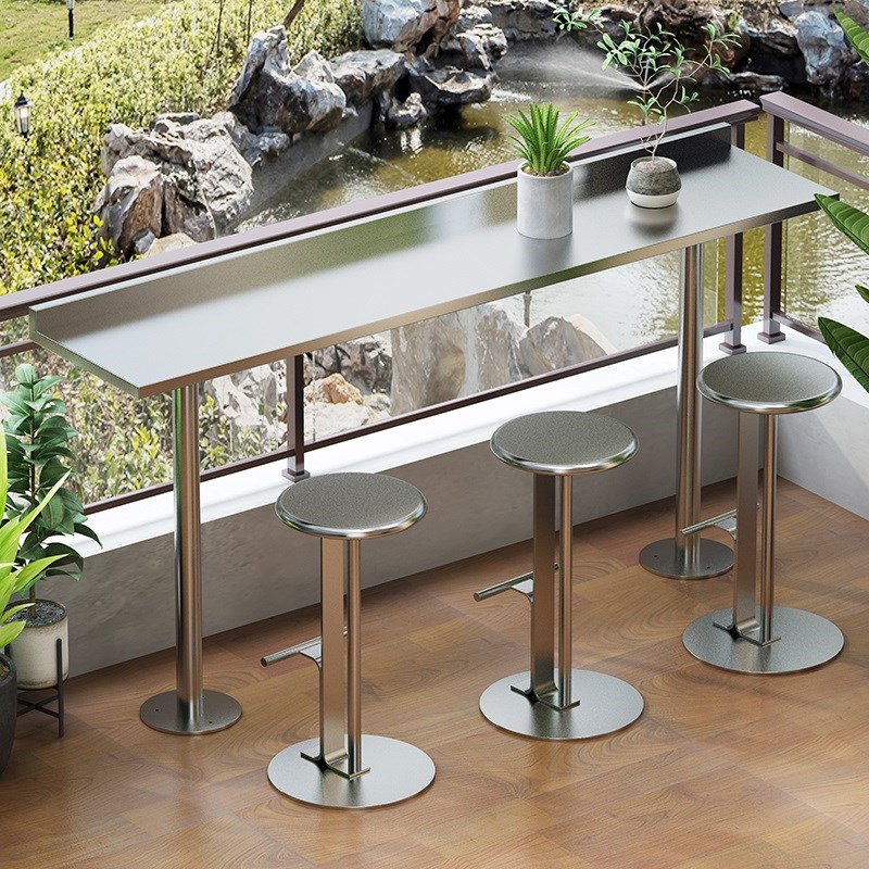 不锈钢户外吧台椅塑木家用阳台桌椅户外庭院高脚凳露天酒吧椅圆凳