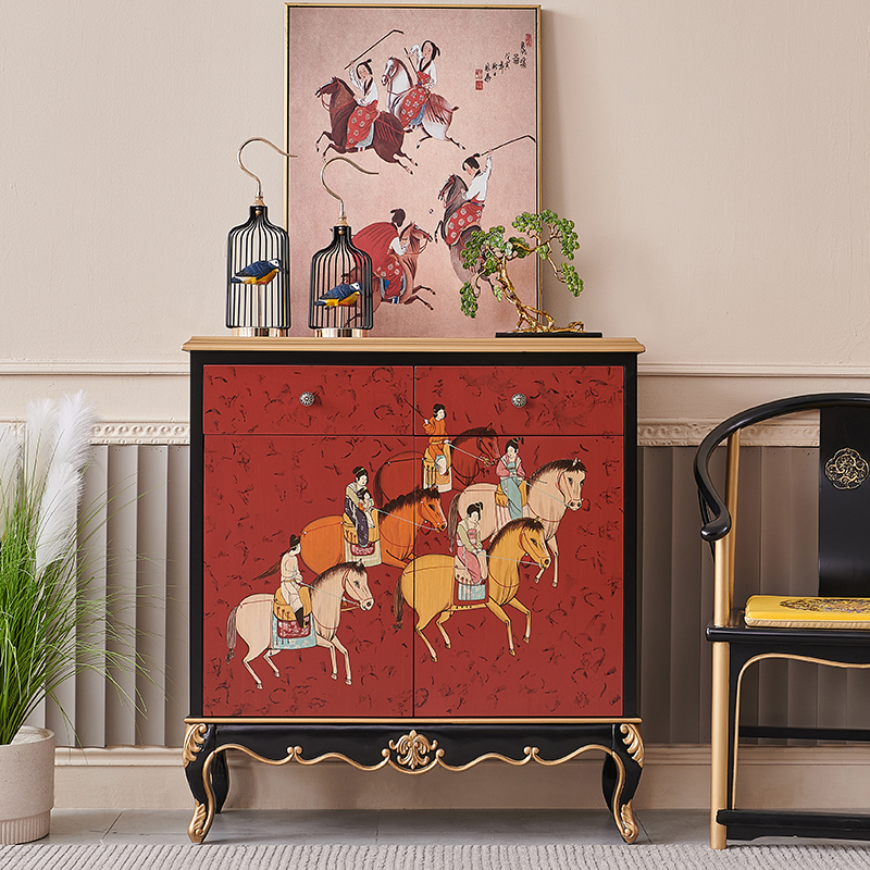 2023新款复古国潮o新中式彩绘人物描金入户法式橡木玄关隔断装饰