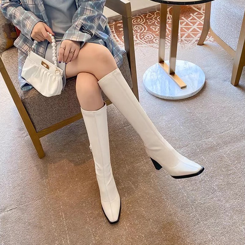 不过膝黑色长筒靴女202t4年新款冬款加绒显瘦厚底骑士靴高筒粗跟