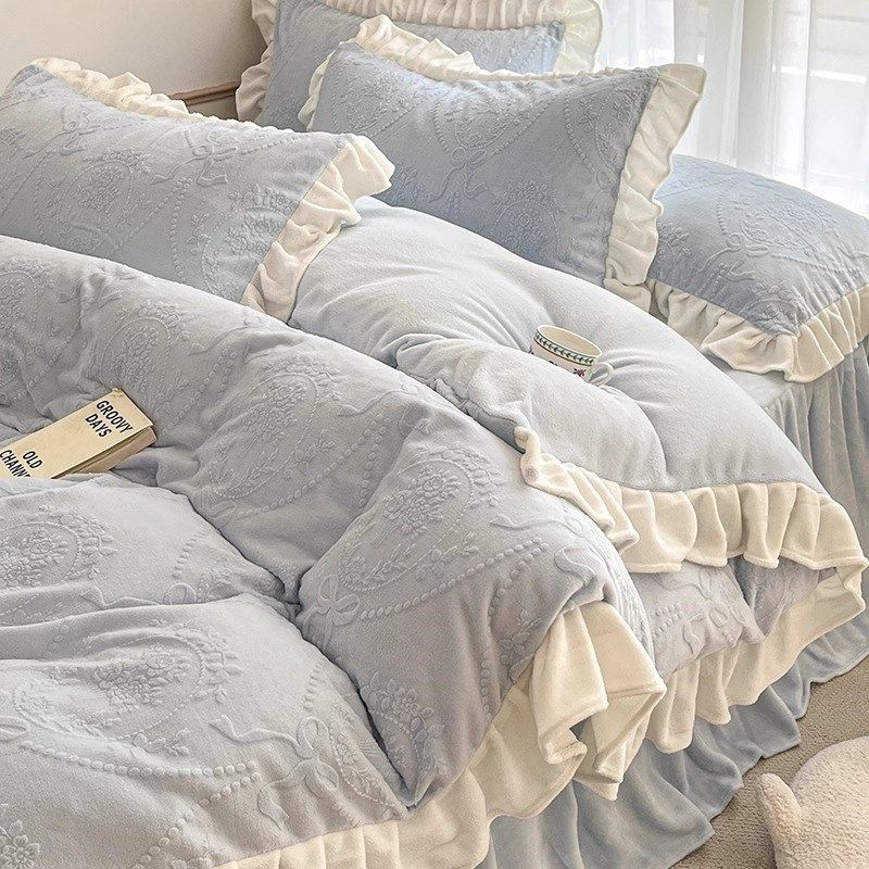 公主风花边牛奶绒床上四s件套冬季加厚立体雕花珊瑚法兰绒被套床