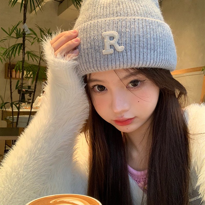 R标字母百搭b入毛线帽子女y冬季纯色针织护耳保暖冷帽套头帽男朝