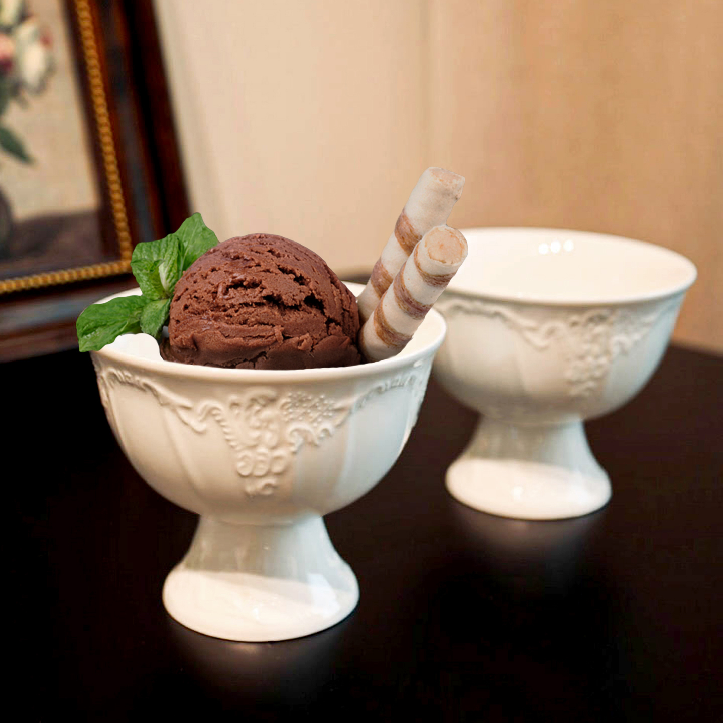 陶瓷高脚酸奶碗浮雕花纹甜品碗