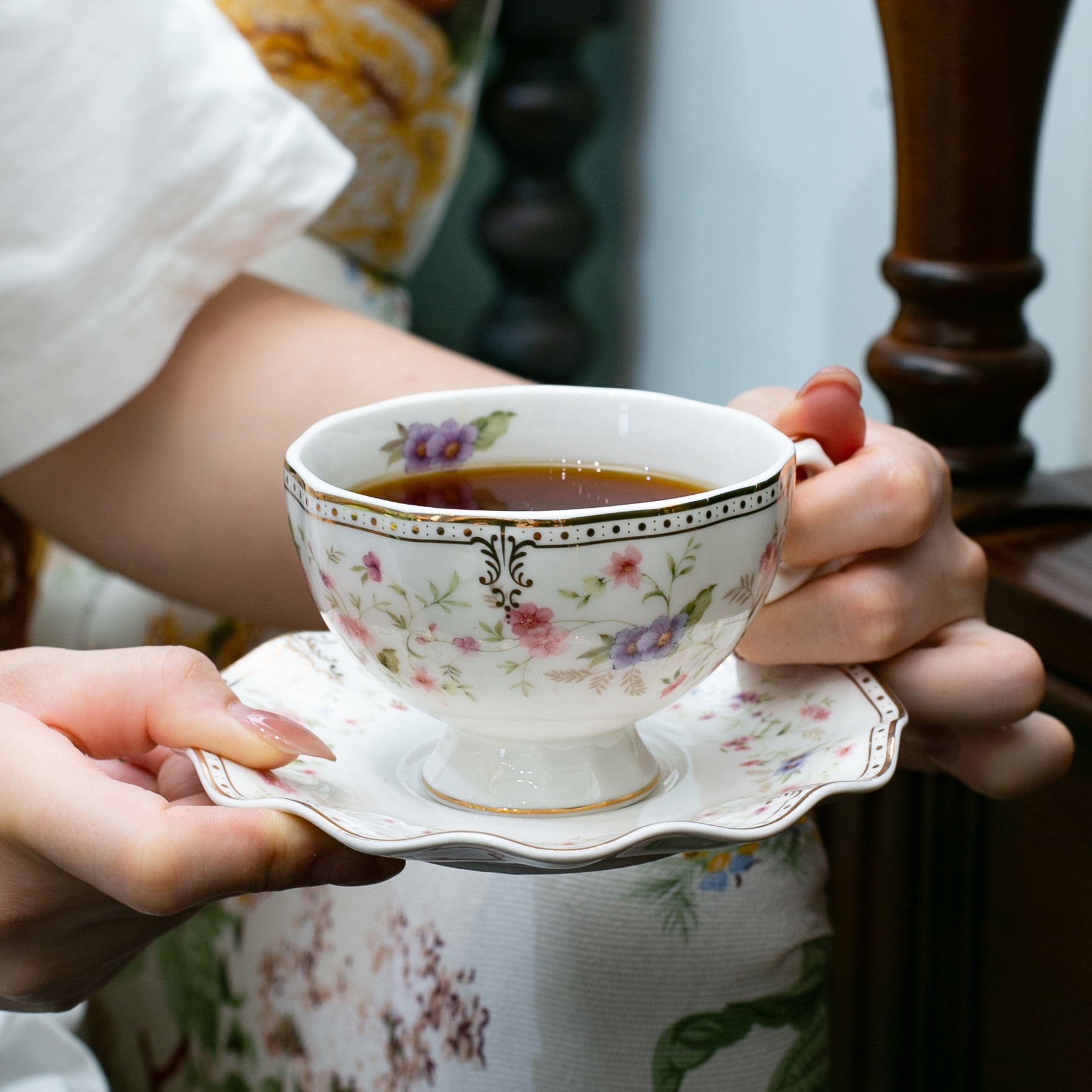 景德镇复古英式咖啡杯碟套装玫瑰花花朵金边珠帘咖啡杯