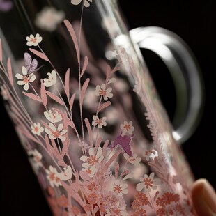 植述粉屿小雏菊玻璃水杯耳把杯精致耐热绿茶杯泡茶专用茶水主人杯