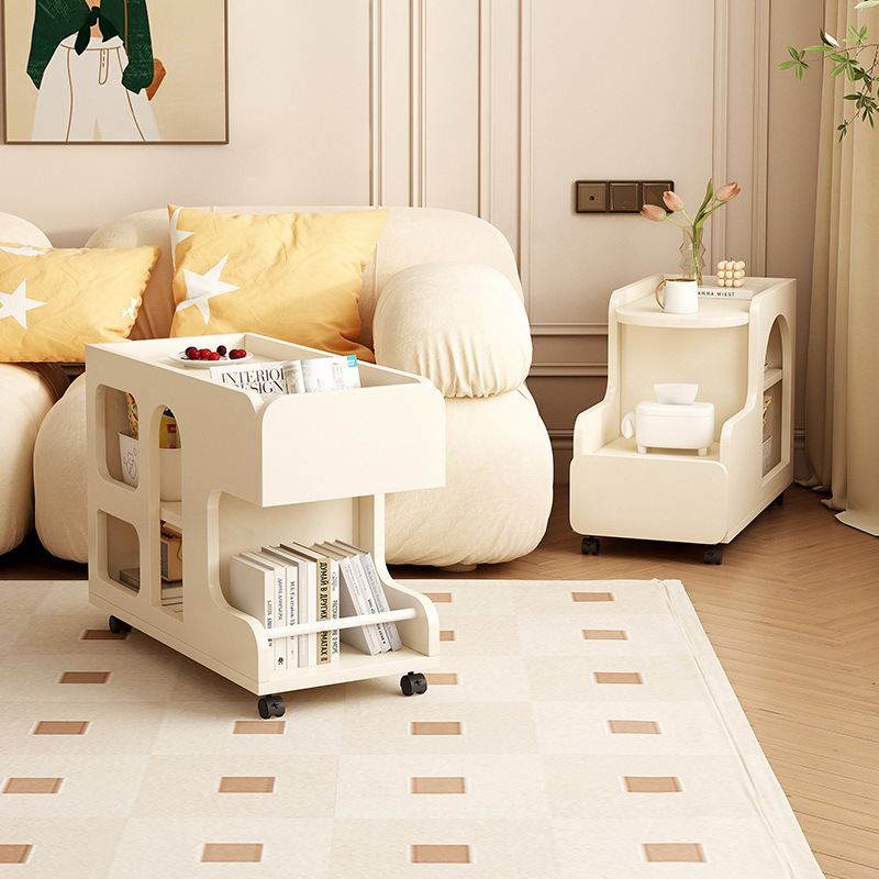 奶油风沙发边几可k移动现代简约带轮茶几滑轮沙发边柜小推车大容