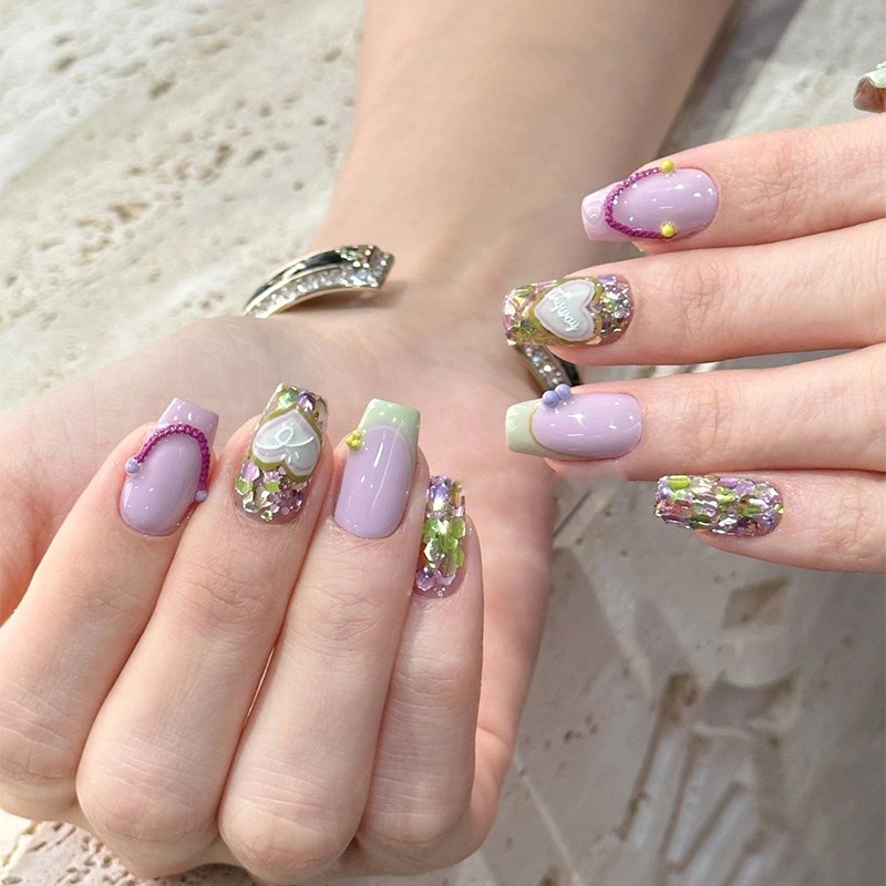 涩谷一秒甜心辣妹n系列香芋紫亮粉手工穿戴甲爱心法式蹦迪美甲