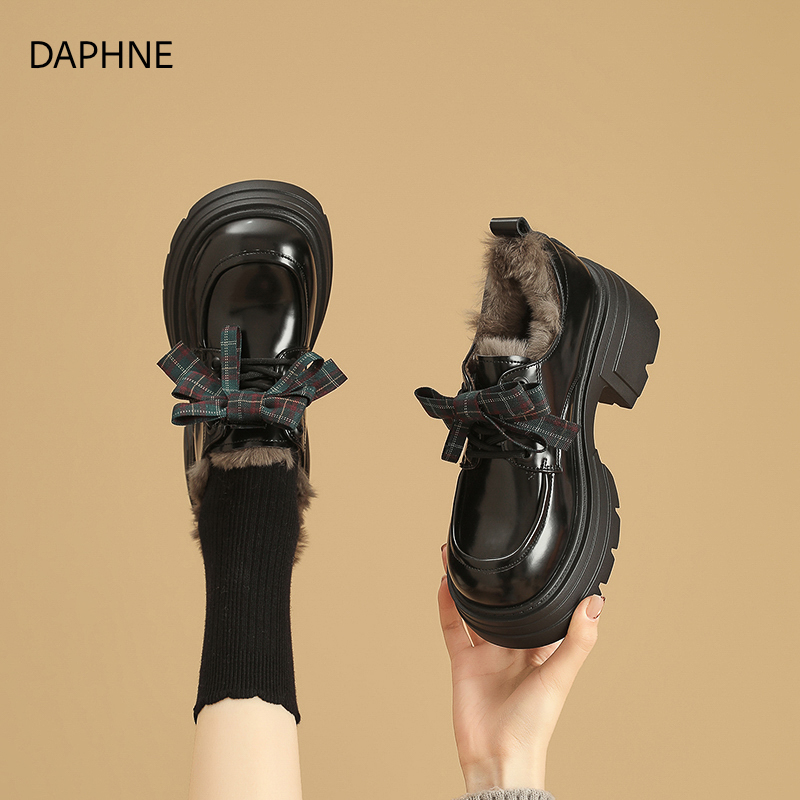 达芙妮2025秋冬新款黑色jk单鞋女加绒厚底蝴蝶结乐福鞋软底配裙子