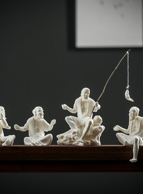 陶瓷姜太公钓鱼小摆件家居博古架客厅园艺盆景鱼缸造景装饰品摆设