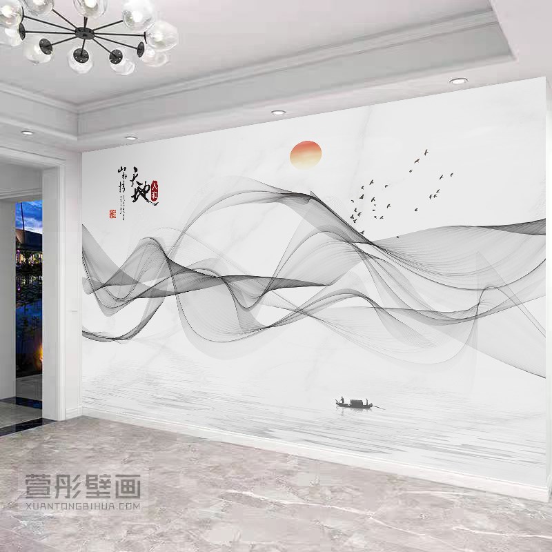 新中式3d简约i抽象电视背景墙布客厅沙发影视墙纸无缝壁画天地人