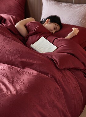 春季新品~加厚全棉水洗棉四件套暗红色结婚庆喜庆玫瑰花纯棉床品