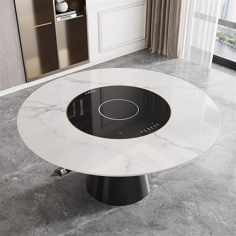 意式岩板餐桌椅组合简约现代小户型电磁炉桌家用轻奢旋转圆形饭桌