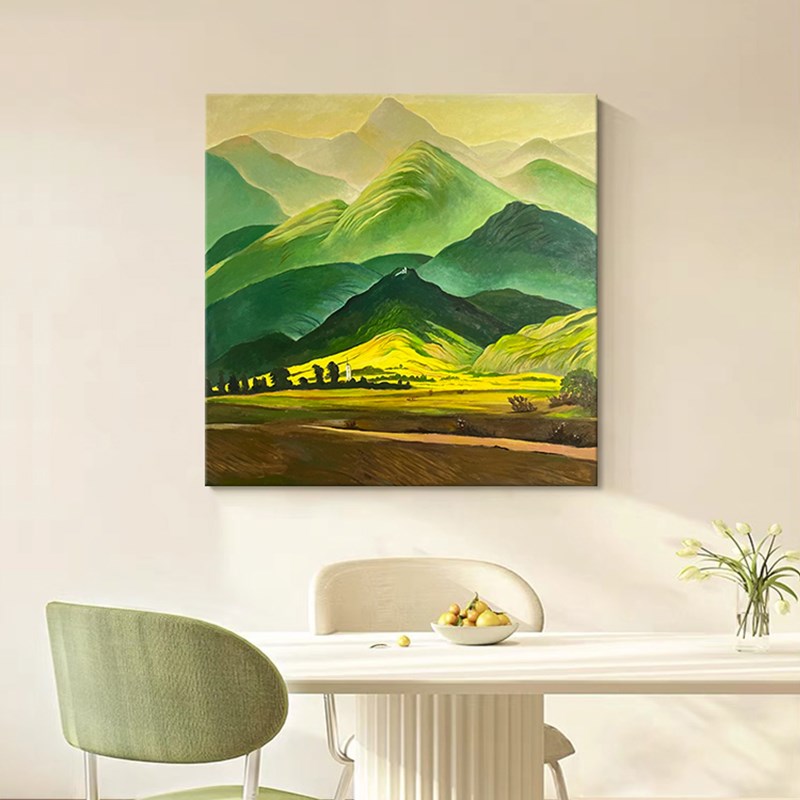 现代简约巨人山风景纯手绘油画客厅装饰画背有靠山玄关挂画正方形图片