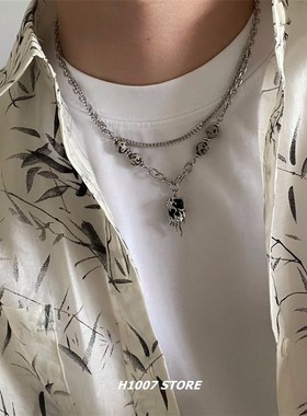 火焰宝石串珠项链男款暗黑嘻哈风小众设计感女生锁骨链毛衣链饰品