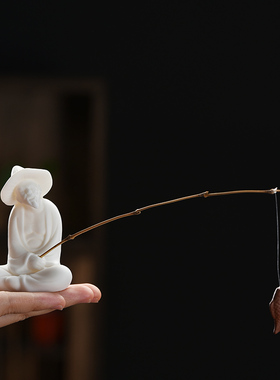 姜太公钓鱼摆件微景观陶瓷钓鱼渔翁人物鱼缸水族箱流水器造景装饰