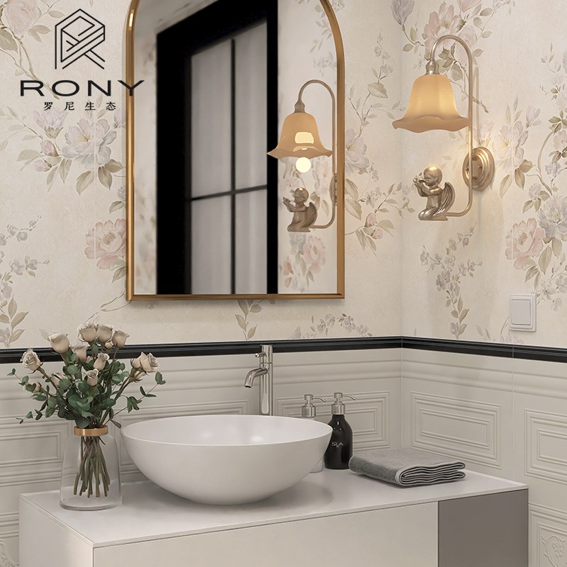 法式轻复古卫生间瓷砖艺术花砖浴室厨房墙砖奶P油风防滑地砖厕所