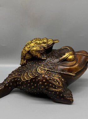 仿古纯铜鎏金母子金蟾黄铜蟾蜍铜器工艺品家居办公室吧台装饰摆件