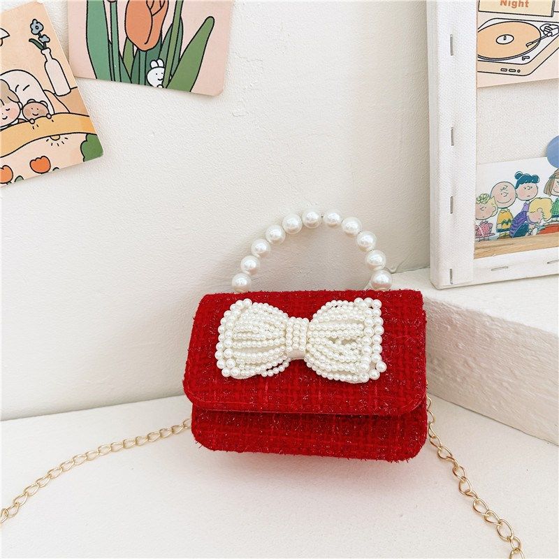 新年款大红色小香风儿童包包珍珠手提包宝宝蝴蝶结女童链条零钱包
