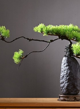 中式仿真迎客松盆景小植物摆件陶瓷花瓶假花松树客厅茶室布置装饰