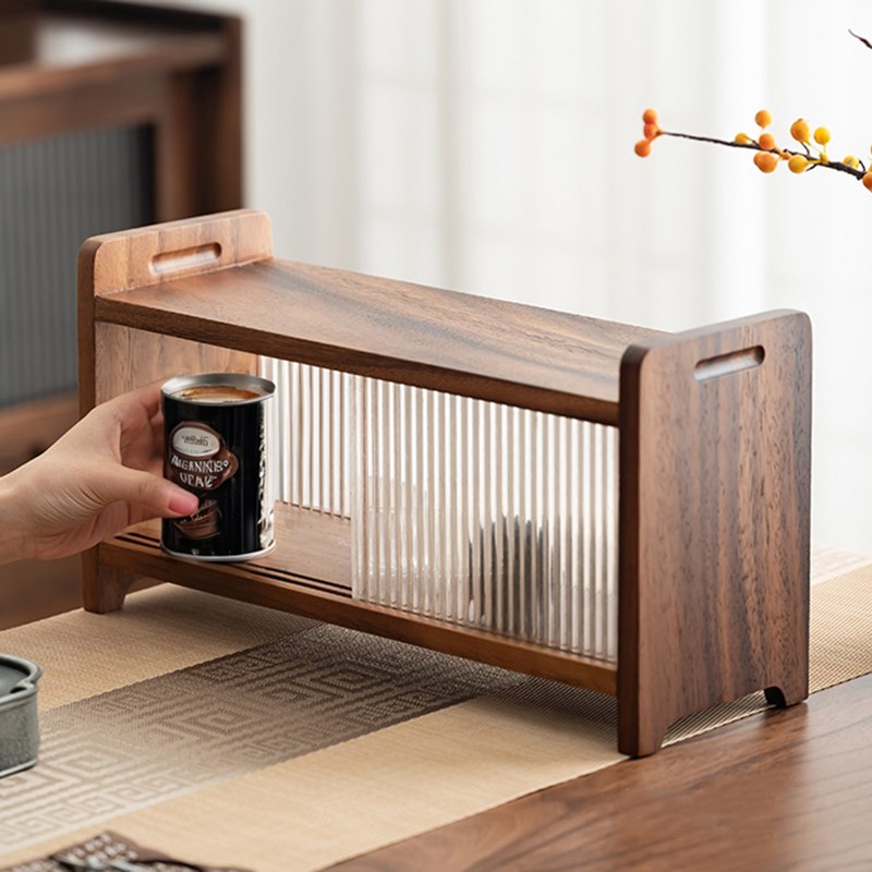 胡桃木实木桌f面收纳架盒餐桌台面茶具杯子置物柜客厅防尘咖啡杯