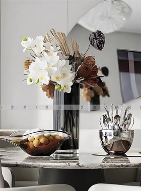 空合 现代轻奢灰色n玻璃花器花艺刀叉果盘 样板间餐厅客厅家居摆