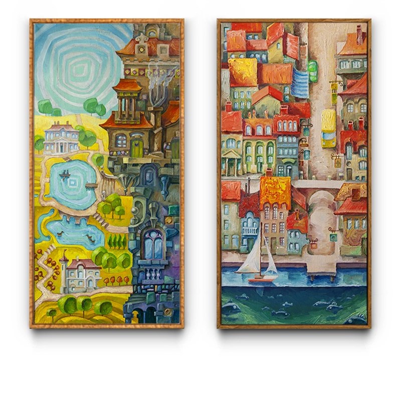 欧式晶瓷画卡通抽象城市油画装饰画酒店餐厅M咖啡厅轻奢立体装饰图片