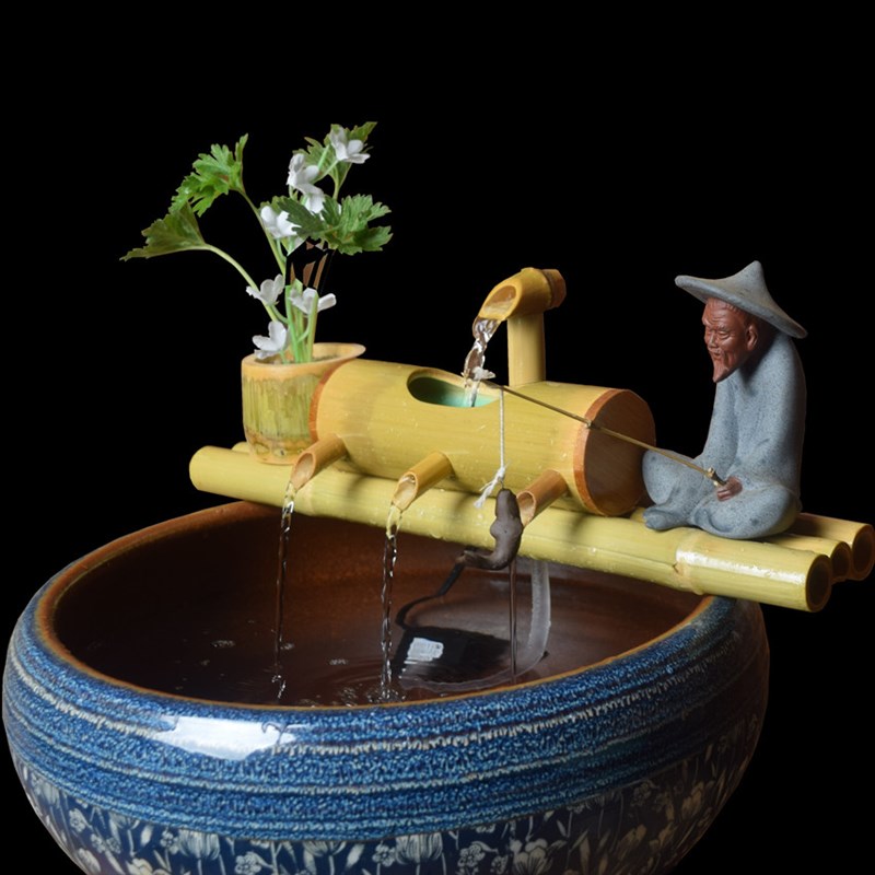 鱼缸过滤器竹子循环流o水制氧客厅养鱼水缸池造景陶瓷流水生财摆