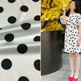 重磅真丝面料黑白大圆波点数码 连衣裙布料 印花弹力缎桑蚕丝绸衬衫