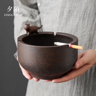菸缸摆件家用G带盖子防飞灰客厅办公室潮 粗陶复古菸灰缸创意个性