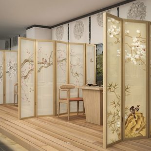 实木屏风隔断客厅入户遮挡玄关折叠茶室办公室花鸟禅意折屏 新中式