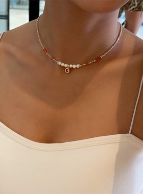 芬达橙色水晶淡水真珍p珠方块锆石吊坠项链百搭小众INS颈链锁骨链