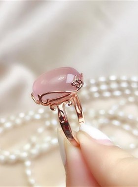 仿天然芙蓉石戒指女戒子招桃花助z镀S925银椭圆冰种粉水晶开口百