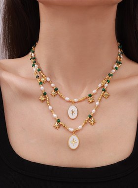 日韩INS几何i滴油镶钻八芒星吊坠淡水珍珠孔雀石钛钢圆珠串珠项链