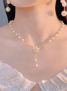 时尚优雅a贝壳花朵锁骨链抖音爆款女小众设计高级感无名花珍珠项