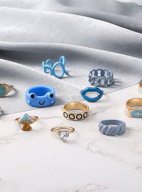 跨境热销滴油戒指时尚爱心滴油青蛙嘴唇气质开口Q链条组合12件指