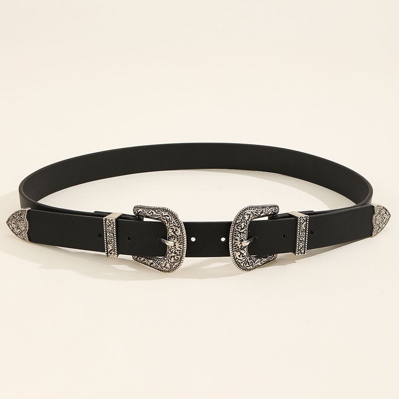 欧美风男女士皮带百搭时尚雕花扣C装饰双扣腰带女优雅复古牛仔裤