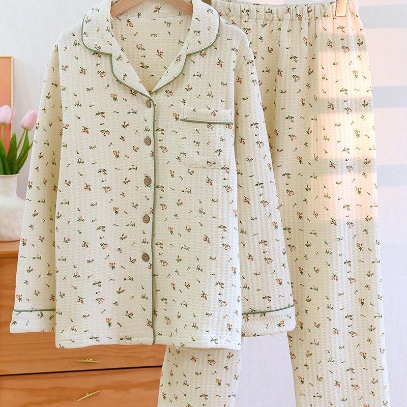 秋冬季保暖空气棉m睡衣加厚长袖三层夹层家居服女薄夹棉套装冬天