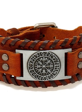 跨境新款饰品北欧维o京海盗牛皮手链复古编织指南针男士皮革手环