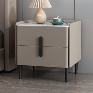 全实木床头柜高级感皮质轻r奢带指纹锁岩板卧室加高55cm床边收纳