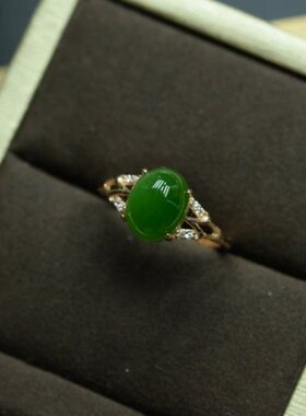 天然碧玉戒指女款925纯银镀玫瑰金绿宝石开口碧绿色日韩潮人指环