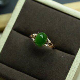 天然碧玉戒指女款 925纯银镀玫瑰金绿宝石开口碧绿色日韩潮人指环