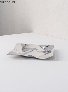 现代简约欧式银色金属p不规则褶皱方形果盘托盘摆件样板房软装饰